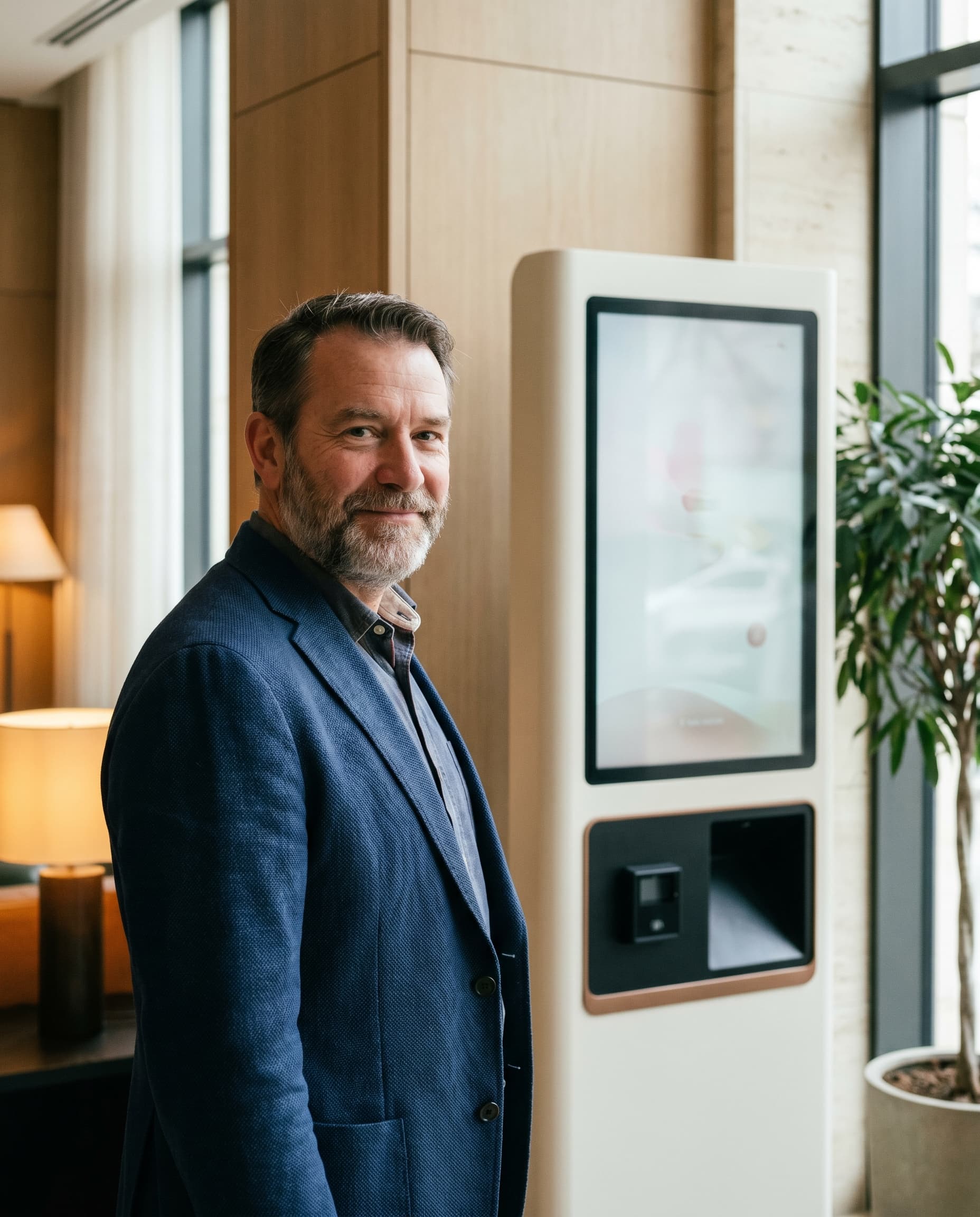 Hotel-General-Manager Mitte 50, ruhig zufrieden in einer Boutique-Hotel-Lobby; ECG AI Terminal leicht unscharf im Hintergrund.