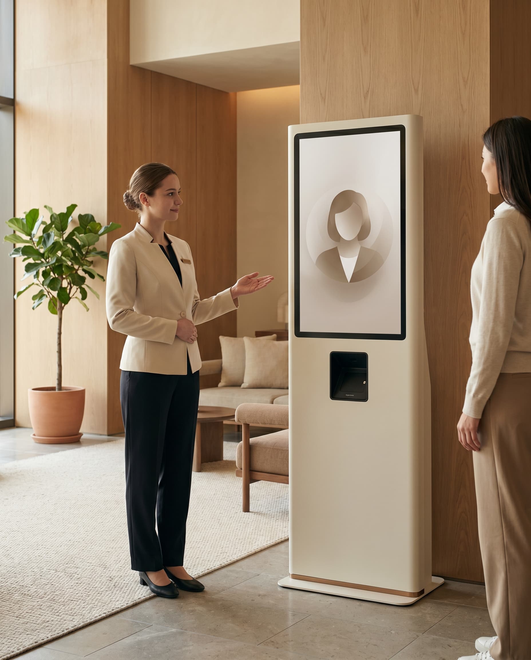 Hotel-Concierge begruesst Gast vor einem ECG AI Terminal in einer ruhigen Lobby bei warmem Tageslicht.