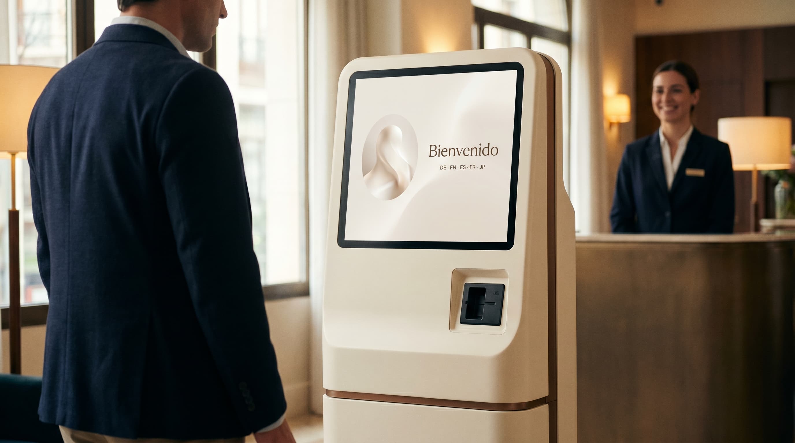 Internationaler Geschaeftsreisender vor dem ECG AI Terminal mit dezent angezeigter Spanischer Begruessung; Hotelmitarbeiter laechelt entspannt im Hintergrund.