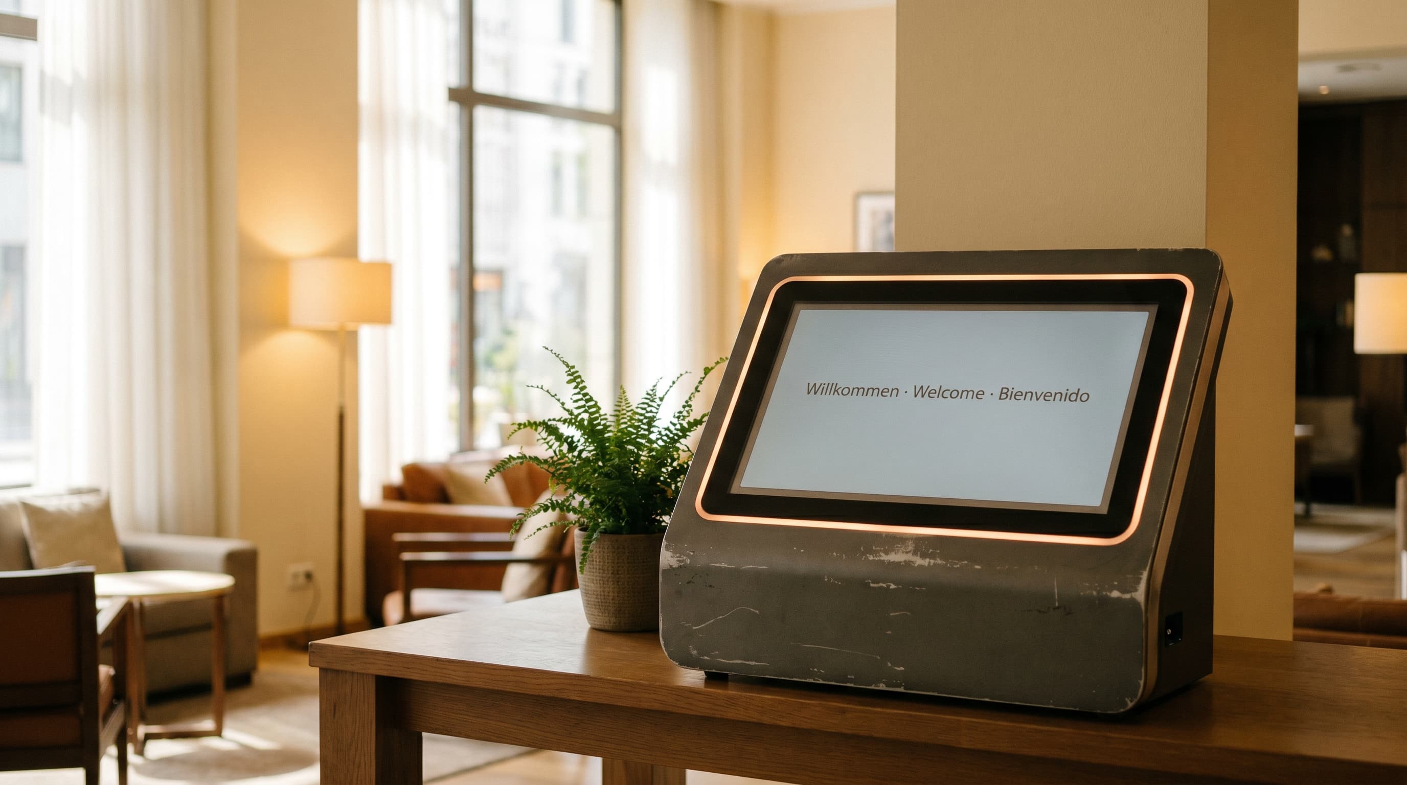 Ein bestehender Self-Check-in-Kiosk in einer Hotellobby — mit einem dezent leuchtenden Bronze-Glow auf dem Display, der das Software-Upgrade andeutet.