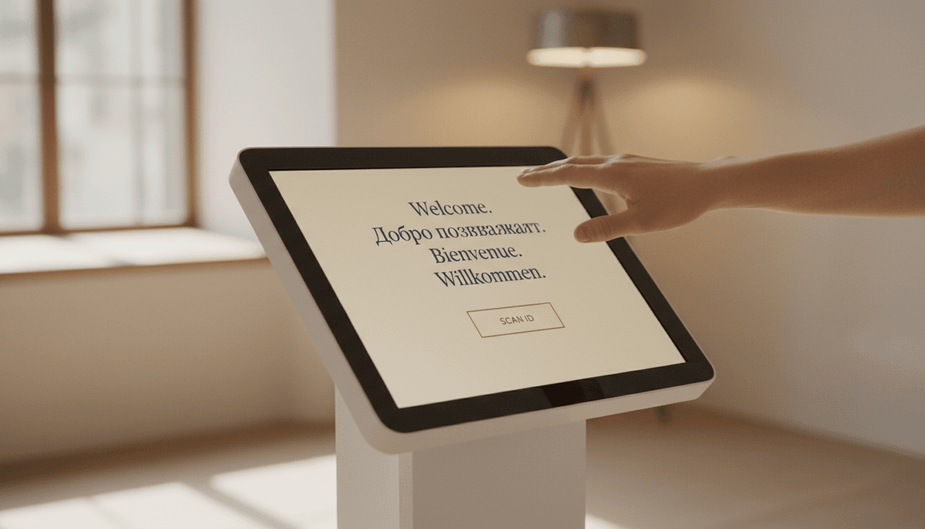 Detailaufnahme einer Hand am Touch-Display des ECG AI Terminal mit weichem Glow und mehrsprachiger Begruessung.
