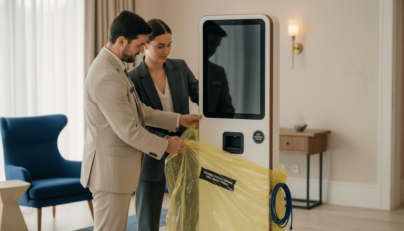 Plug-and-Play Installations-Tag: Hotelmitarbeiter und sensified-Engineer richten gemeinsam das ECG AI Terminal ein, neben einer aufgeraeumten Verpackung.