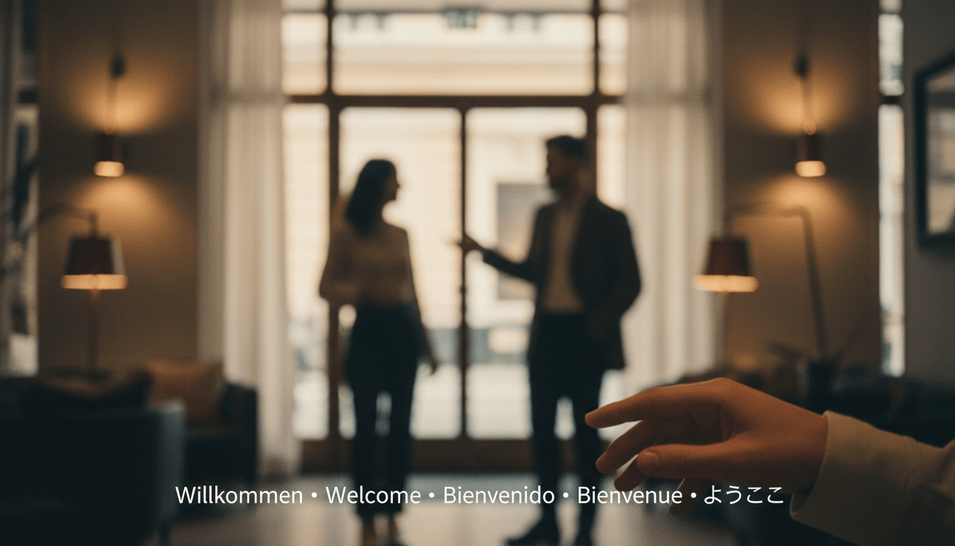 Soft-Bokeh-Lobby mit dezenter Mehrsprach-Untertitelschicht im Vordergrund und warmem Hauttoenen-Casting im Hintergrund.