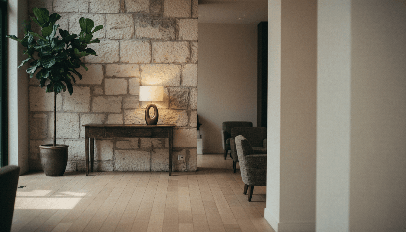 Ruhige Hotellobby bei Tageslicht mit Naturholz, Stein, dezenten Pflanzen und Bronze-Akzenten — kein Mensch im Vordergrund.