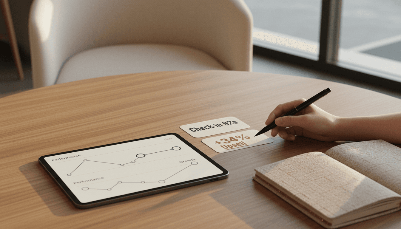 Top-Down-Aufnahme eines warm beleuchteten Tisches mit Tablet, KPI-Karten und einer Hand mit Stift, die "+34 % Upsell" unterstreicht.