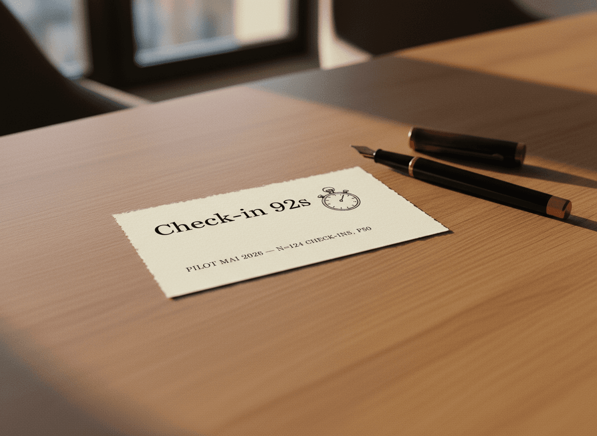 ROI-Karte Check-in: Einzelne Papier-Karte mit der Aufschrift "Check-in 92 Sekunden" und einer kleinen Stoppuhr-Skizze daneben, auf warmem Holztisch.