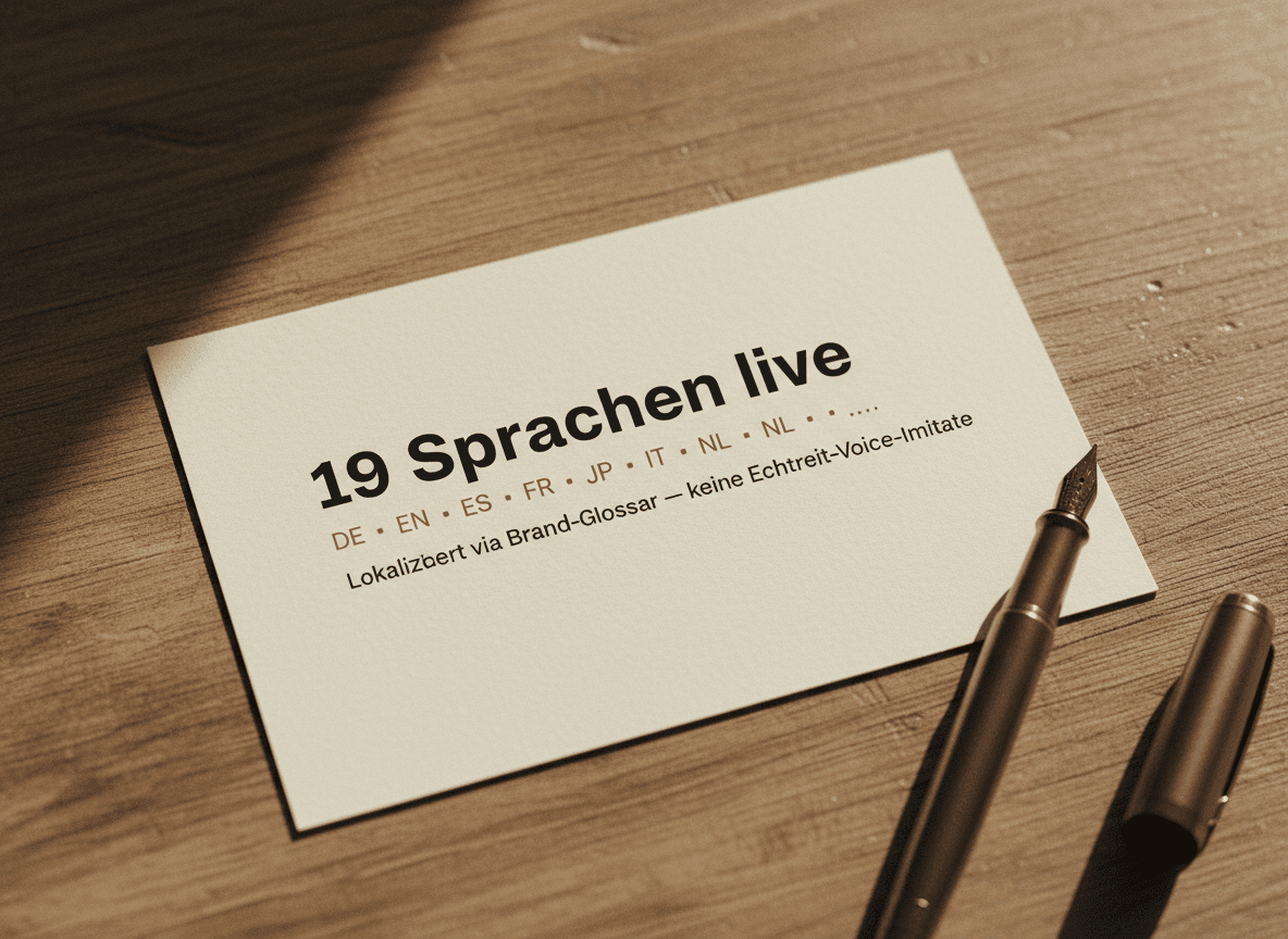 ROI-Karte Sprachen: Papierkarte mit Aufschrift "19 Sprachen live" und einer dezenten Reihe kleiner Sprach-Tags wie "DE EN ES FR JP".