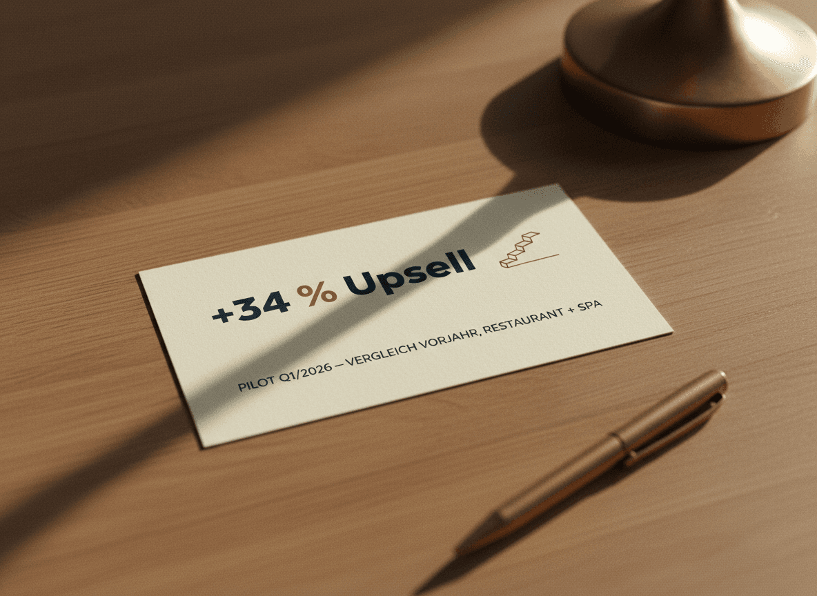 ROI-Karte Upsell: Papierkarte mit Aufschrift "+34 % Upsell-Quote" und einer dezenten ink-Linien-Skizze einer steigenden Treppe.