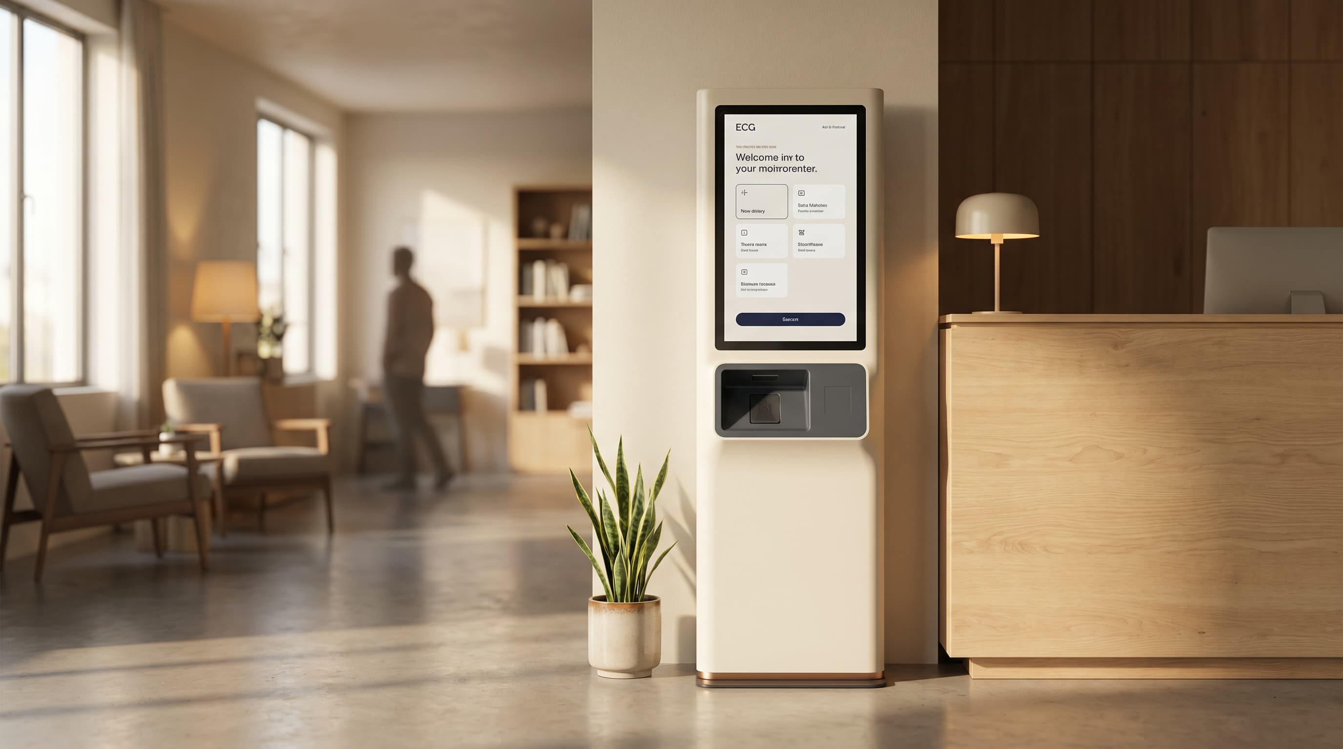 ECG AI Terminal in einer Lobby-Umgebung: ruhig auf einem Naturholztresen platziert, mit weichem Tageslicht und dezenter Pflanze daneben.