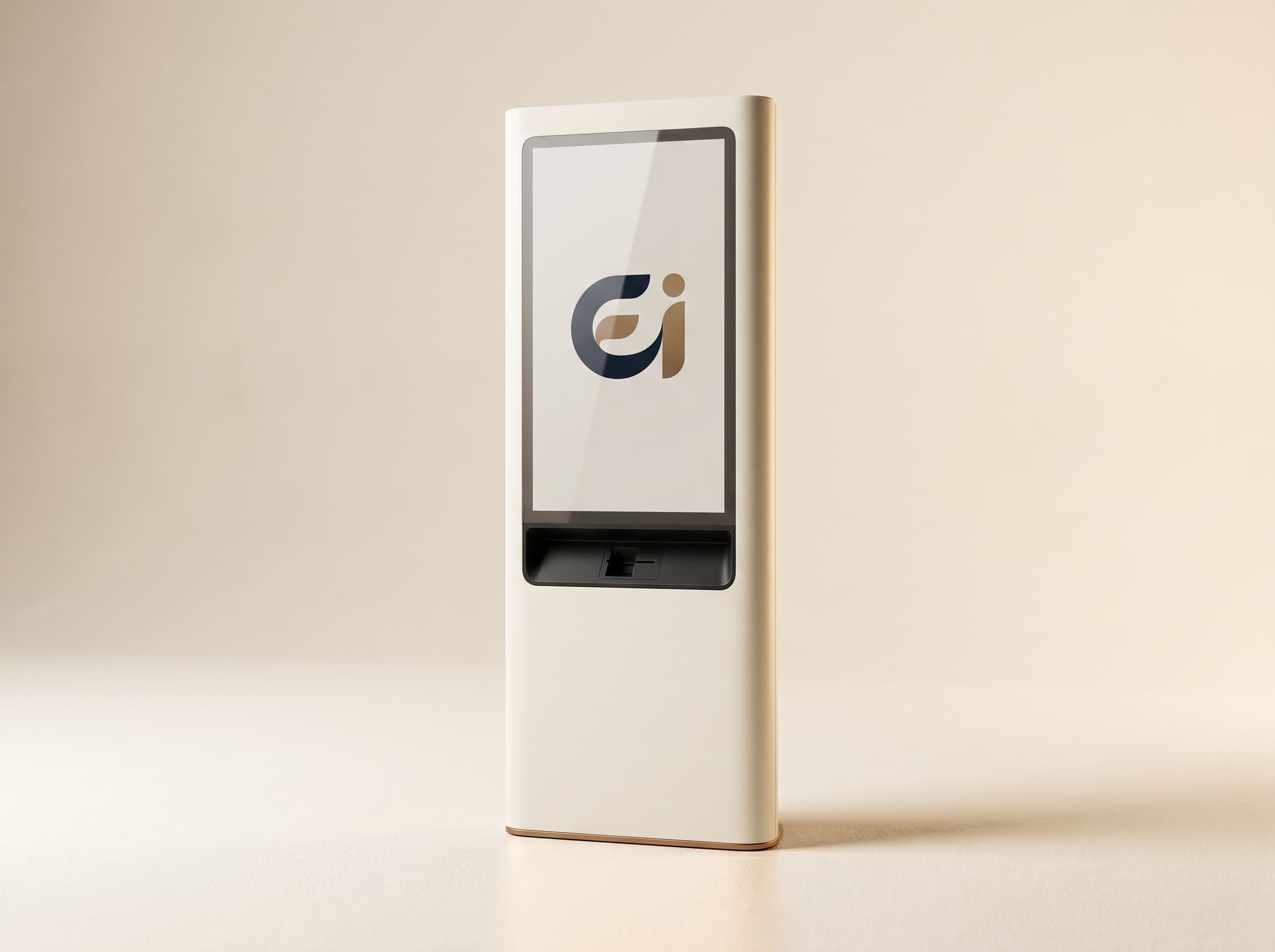 Produkt-Hero des ECG AI Terminals: schlankes Tabletop-Kiosk-Geraet mit grosser Touch-Display-Flaeche, freistehend auf neutralem Cream-Hintergrund.