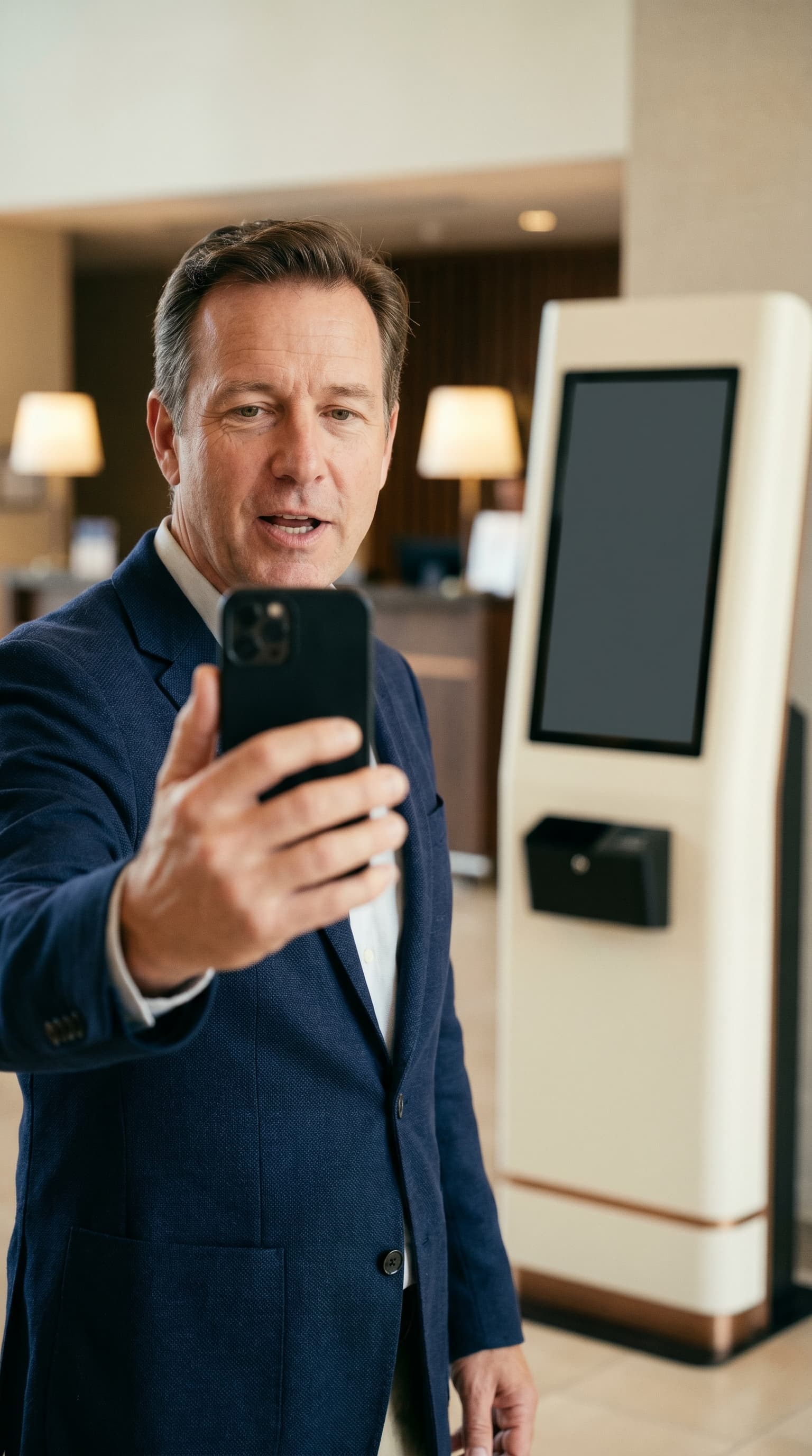 UGC-Aufnahme im Hochformat: Hotel-General-Manager spricht ruhig in eine Smartphone-Kamera, Lobby leicht unscharf im Hintergrund.